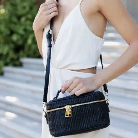Shiraleah Handbags - Shiraleah Black Woven Crossbody Bag Top Handle Mini Purse Gold Hardware